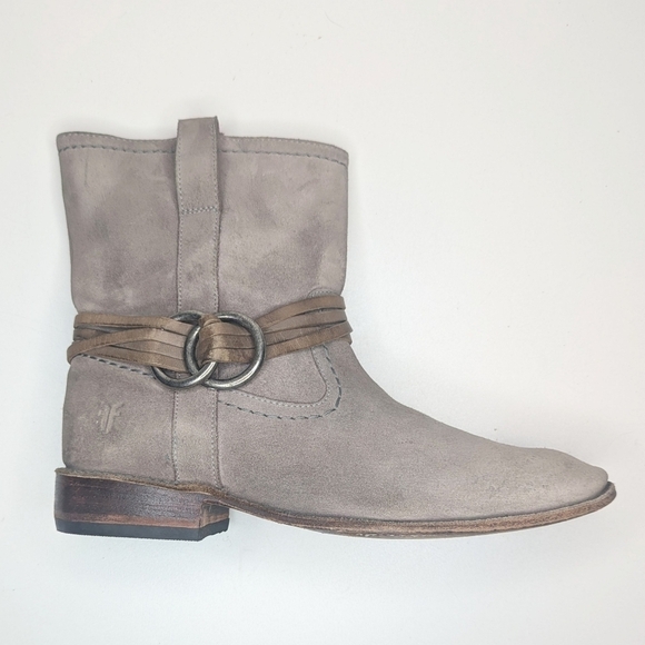 Frye tan gray suede leather ankle boots cord harness pull on western size 9.5 - Picture 1 of 8